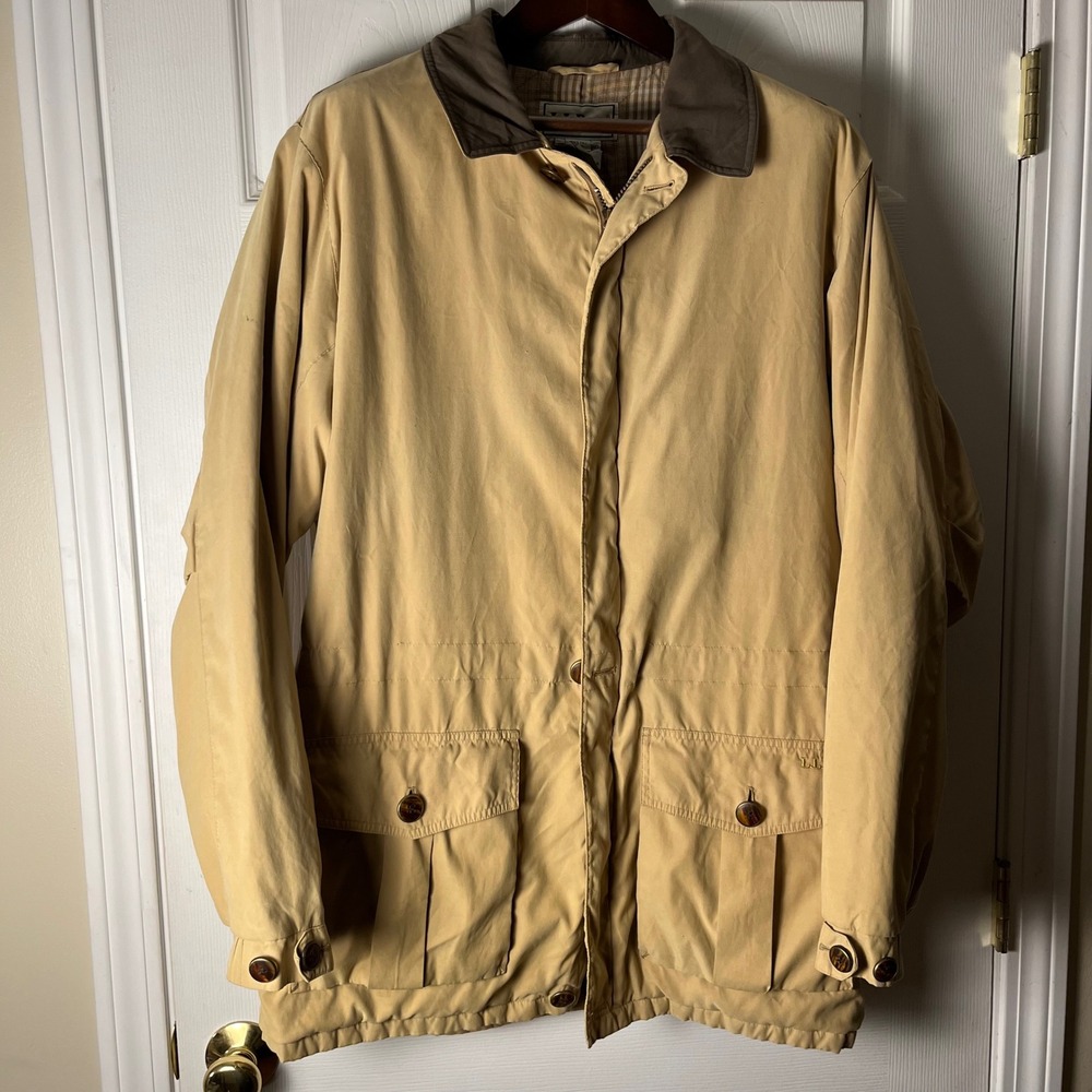 LL Bean Mens Tall Large Primaloft Field Jacket Tan Plaid Lined Barn Coat BK12
